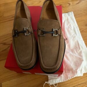 Salvatore Ferragamo Men's Brown Suede Loafers with Metal Accent